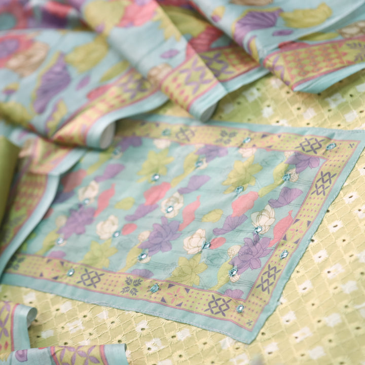 Sarkaare Lemon Yellow Floral Print Patch Schiffli Work Print Cotton Suit Set D1