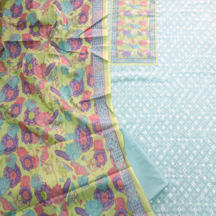 Sarkaare Jungle Green Floral Print Patch Schiffli Work Print Cotton Suit Set D1