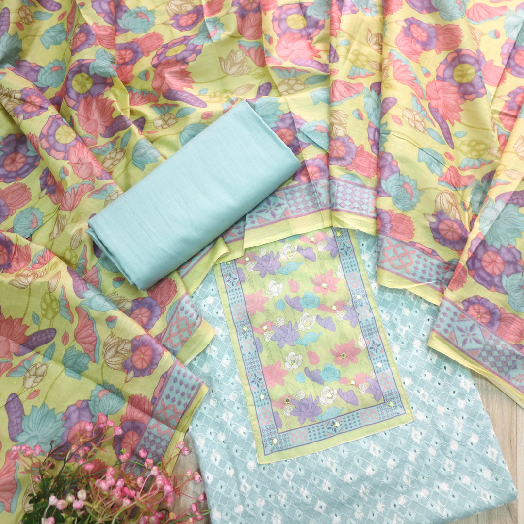 Sarkaare Jungle Green Floral Print Patch Schiffli Work Print Cotton Suit Set D1
