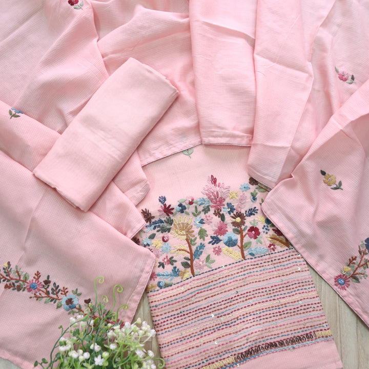 Gulbahar Soft Pink All Over Thread Work Kota Doriya Suit Set