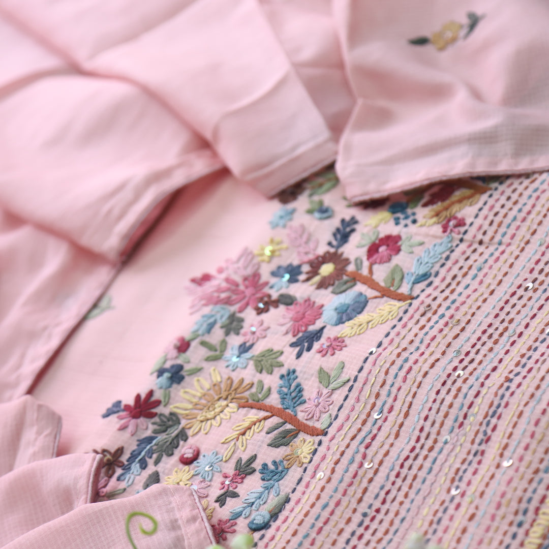 Gulbahar Soft Pink All Over Thread Work Kota Doriya Suit Set
