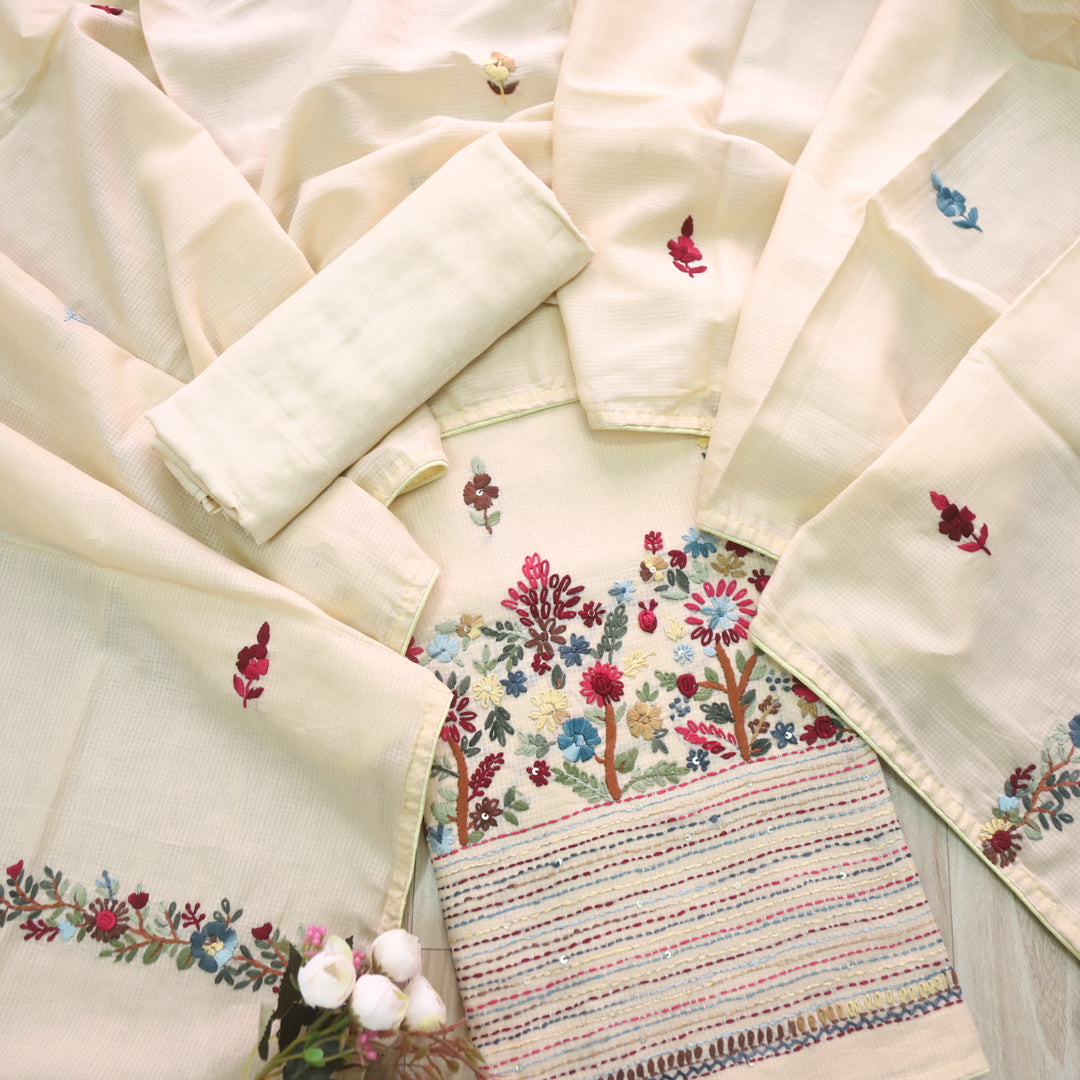 Gulbahar Buttermilk Yellow All Over Thread Work Kota Doriya Suit Set