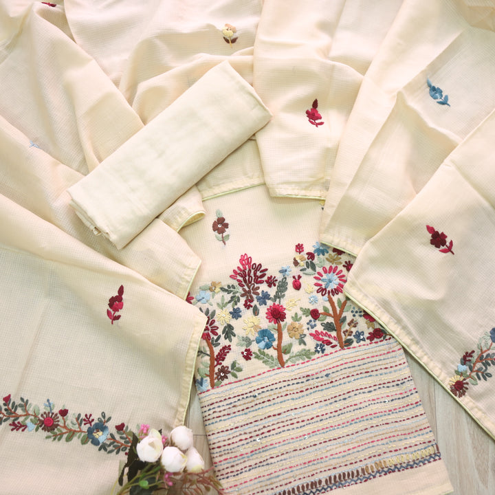Gulbahar Buttermilk Yellow All Over Thread Work Kota Doriya Suit Set