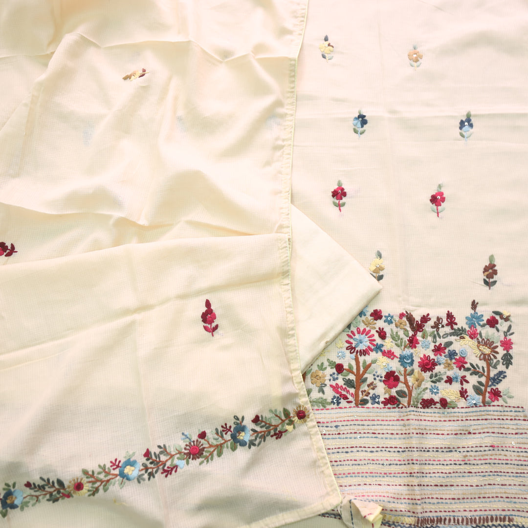 Gulbahar Buttermilk Yellow All Over Thread Work Kota Doriya Suit Set