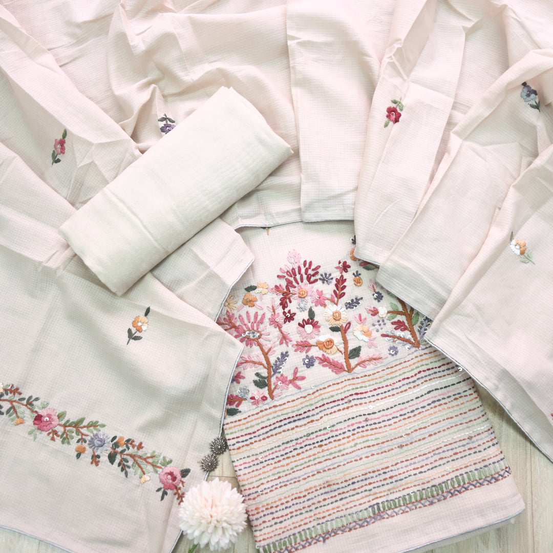 Gulbahar Sand Beige All Over Thread Work Kota Doriya Suit Set