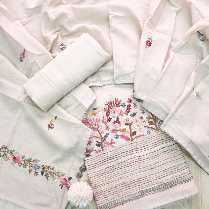 Gulbahar Sand Beige All Over Thread Work Kota Doriya Suit Set