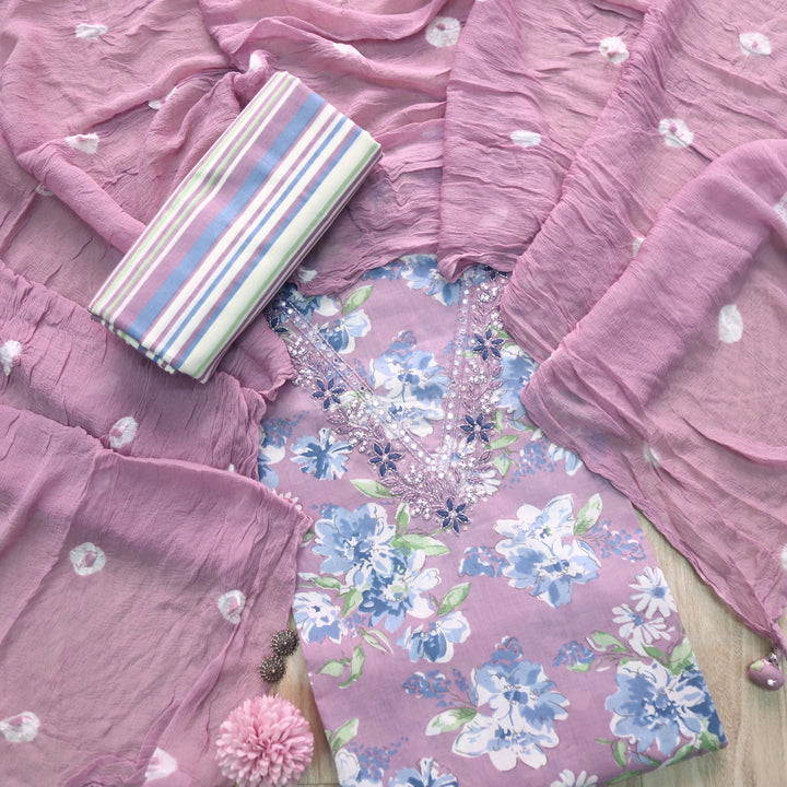 Riwayaat Lavender Mauve Kardana Work V Neck Floral Printed Cotton Suit Set