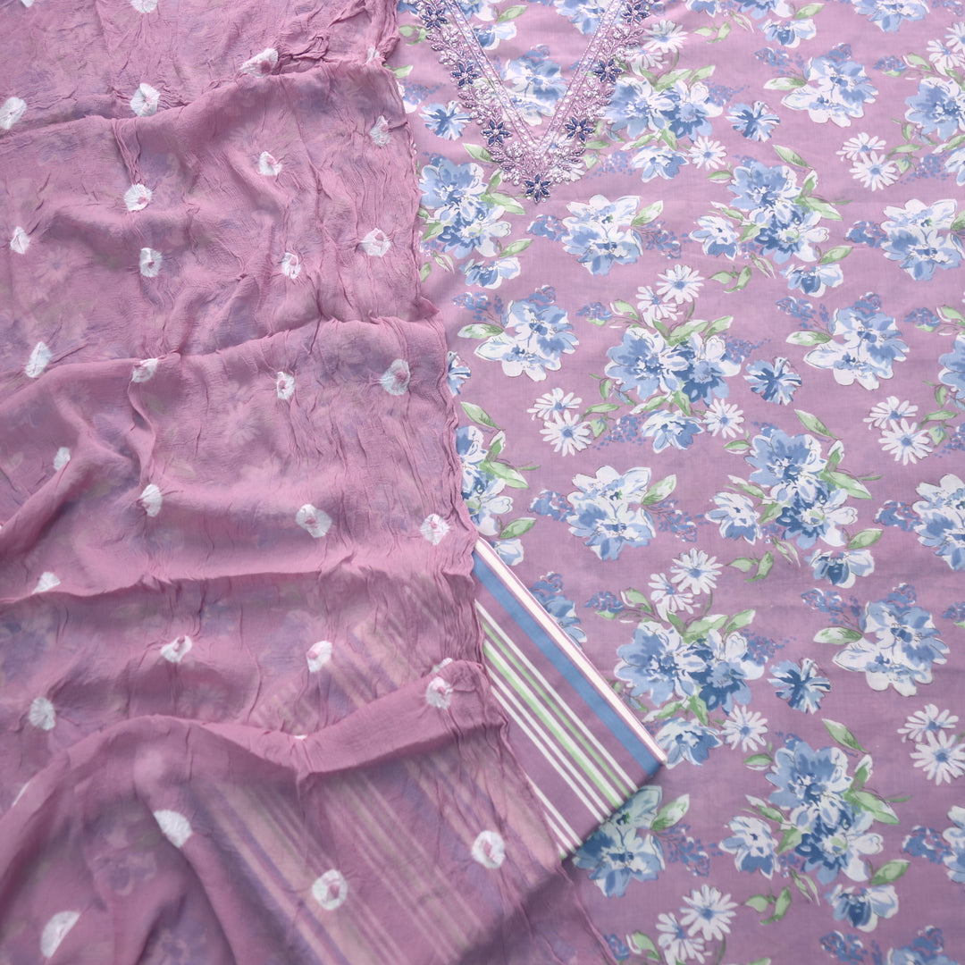 Riwayaat Lavender Mauve Kardana Work V Neck Floral Printed Cotton Suit Set