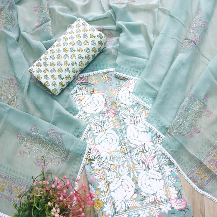 Gulbahar Sage Green Thread Work Neck Floral Print Cotton Suit Set