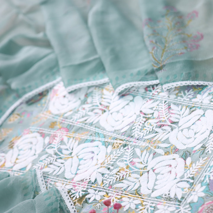 Gulbahar Sage Green Thread Work Neck Floral Print Cotton Suit Set