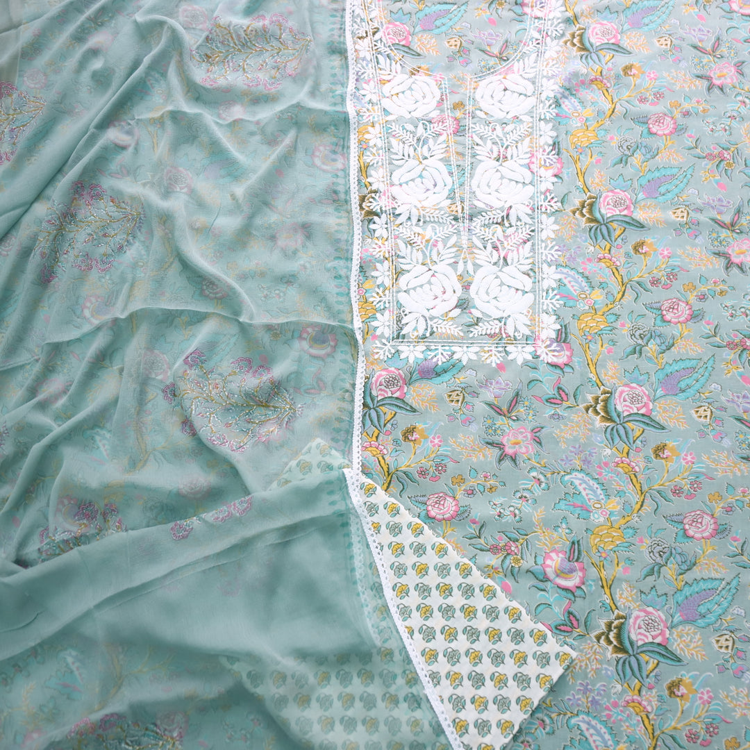 Gulbahar Sage Green Thread Work Neck Floral Print Cotton Suit Set