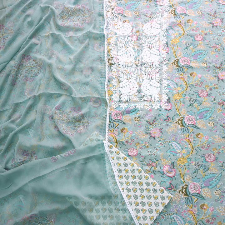 Gulbahar Sage Green Thread Work Neck Floral Print Cotton Suit Set