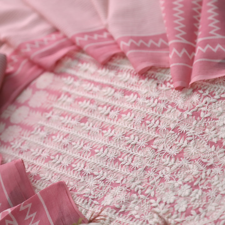Gulbahar Rouge Pink Thread Work Neck Floral Print Cotton Suit Set