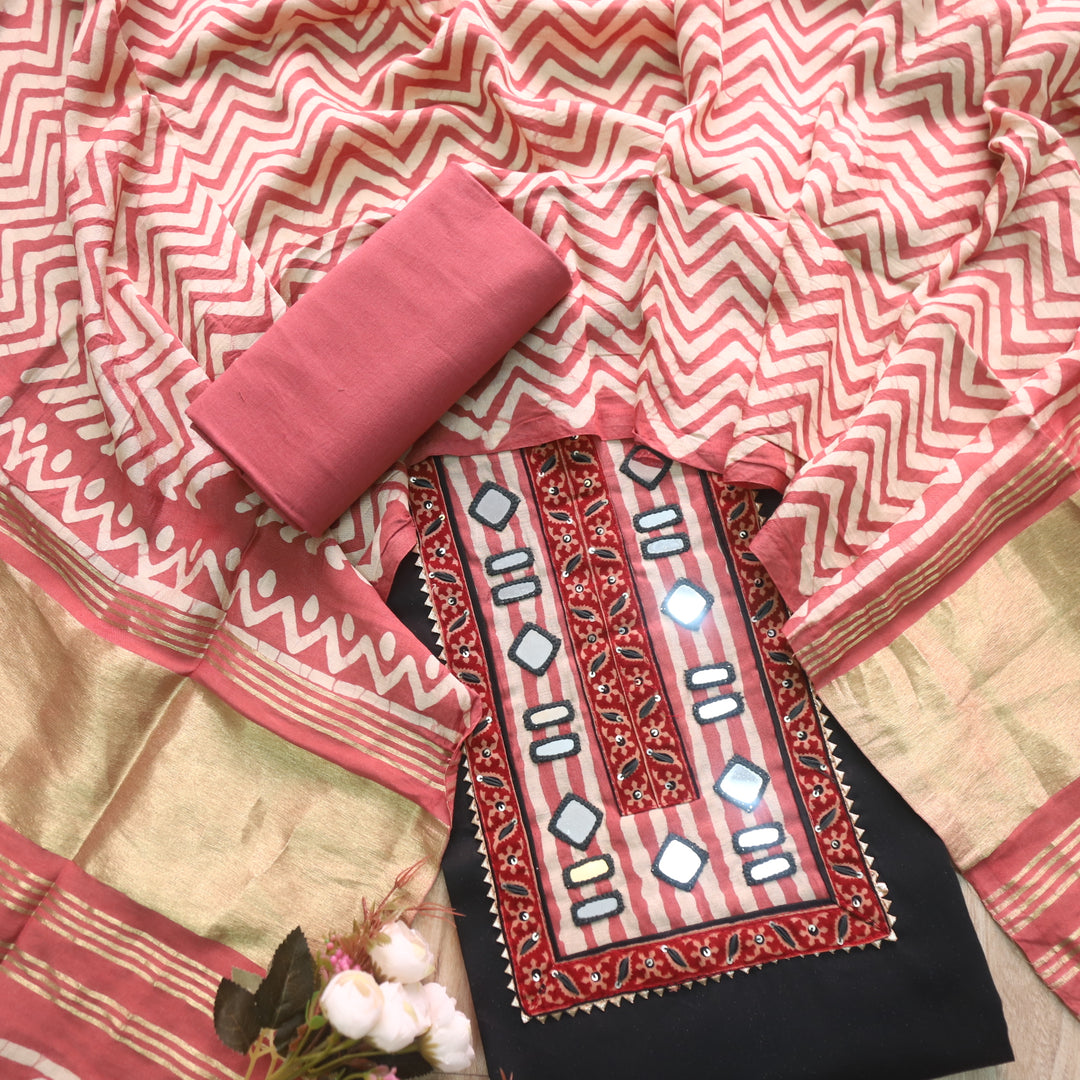 Farnaz Sacramento Green Mirror Work Cotton Top Suit with Gajji Silk Dupatta