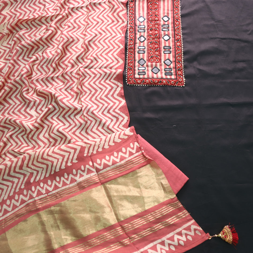 Farnaz Sacramento Green Mirror Work Cotton Top Suit with Gajji Silk Dupatta