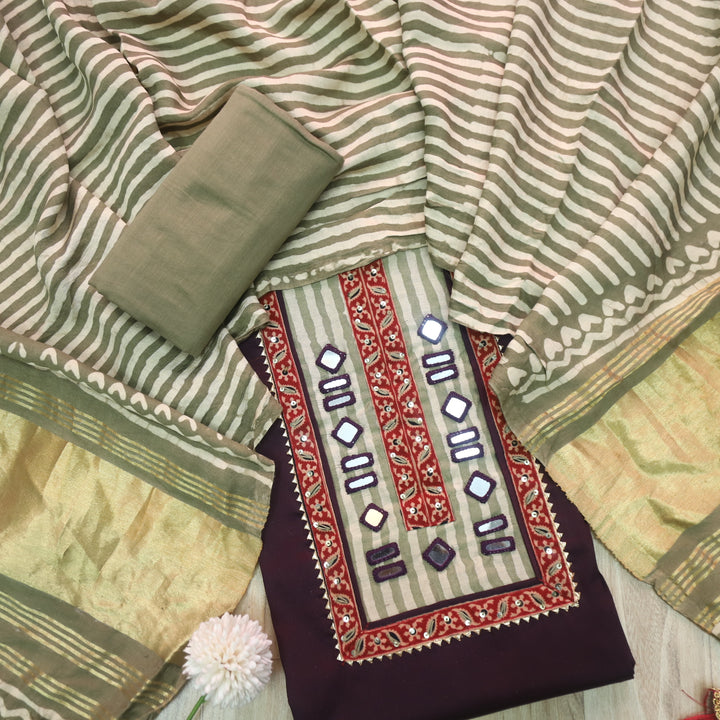 Farnaz Plum Purple Mirror Work Cotton Top Suit with Gajji Silk Dupatta