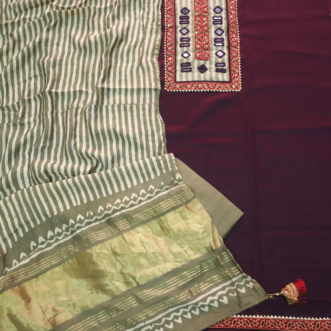 Farnaz Plum Purple Mirror Work Cotton Top Suit with Gajji Silk Dupatta