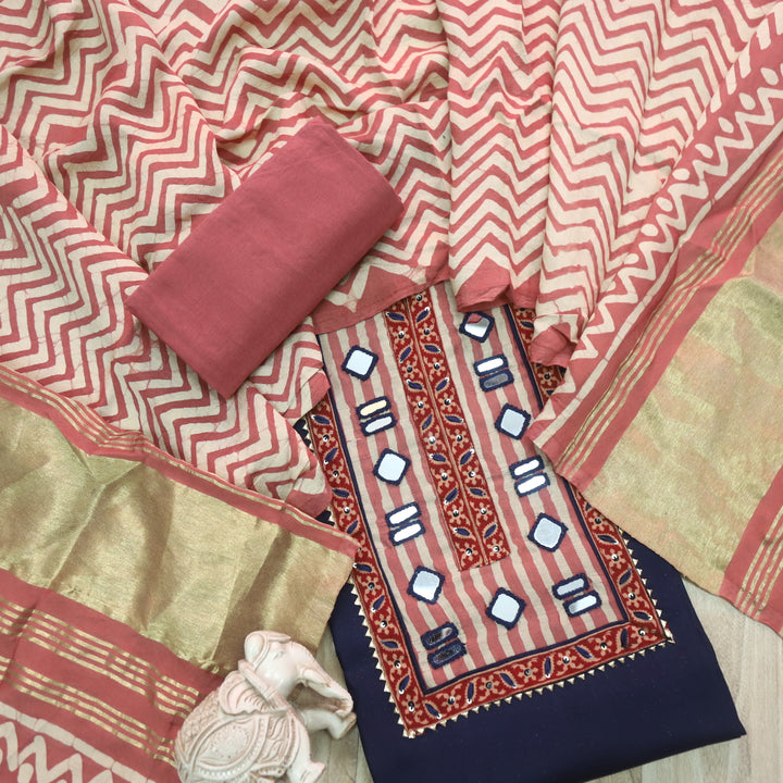Farnaz Midnight Blue Mirror Work Cotton Top Suit with Gajji Silk Dupatta