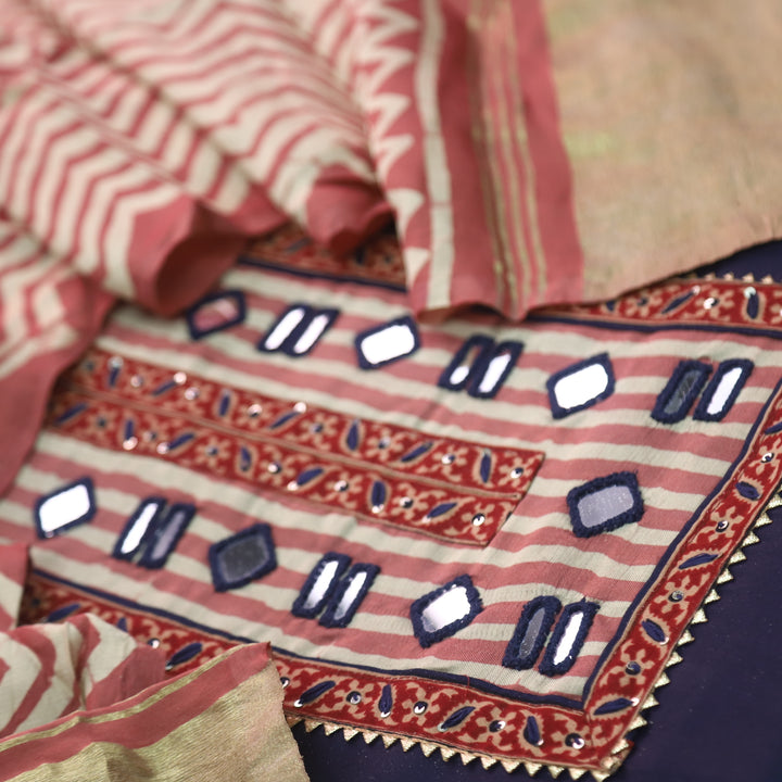 Farnaz Midnight Blue Mirror Work Cotton Top Suit with Gajji Silk Dupatta