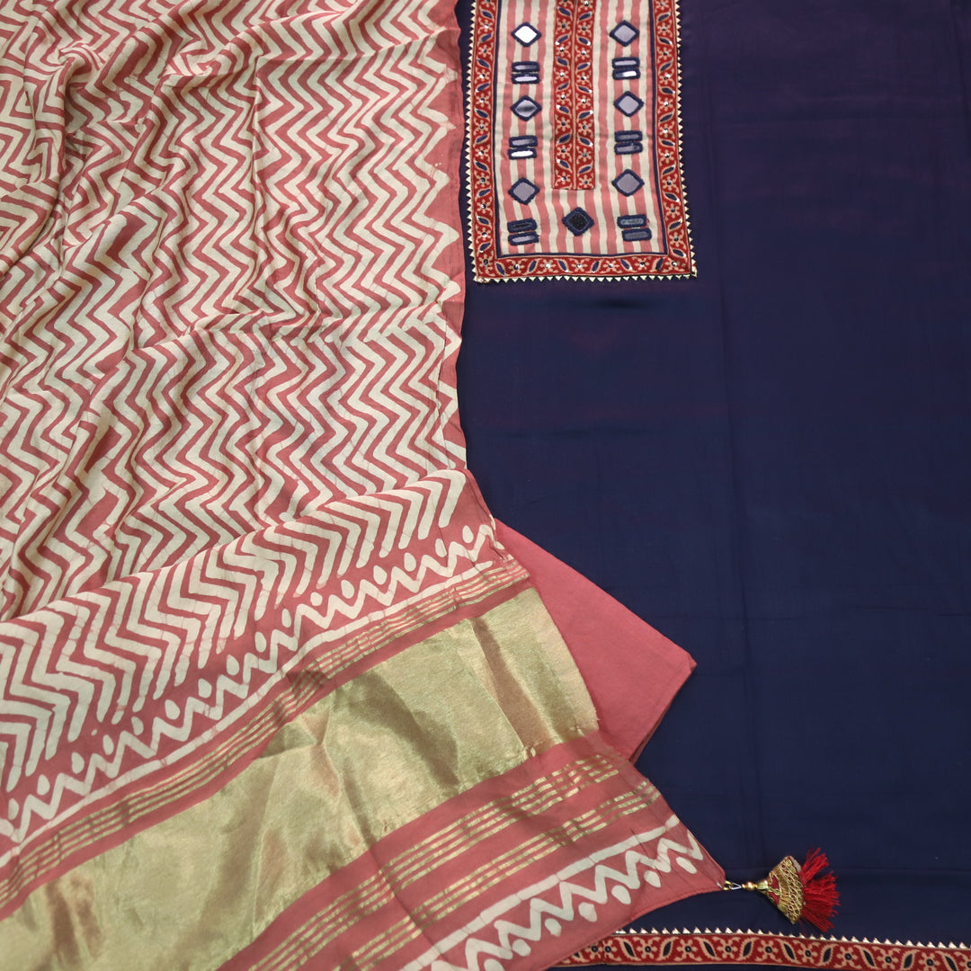 Farnaz Midnight Blue Mirror Work Cotton Top Suit with Gajji Silk Dupatta