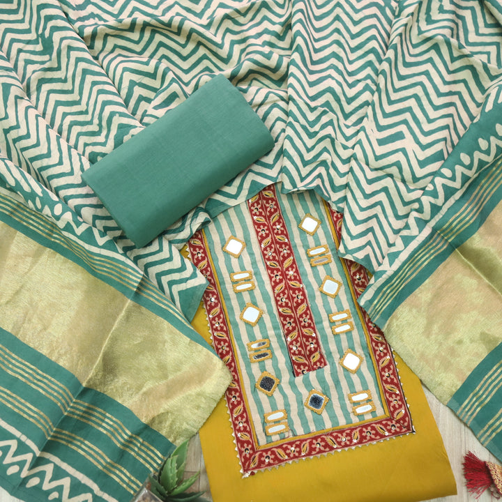 Farnaz Sunflower Yellow Mirror Work Cotton Top Suit with Gajji Silk Dupatta
