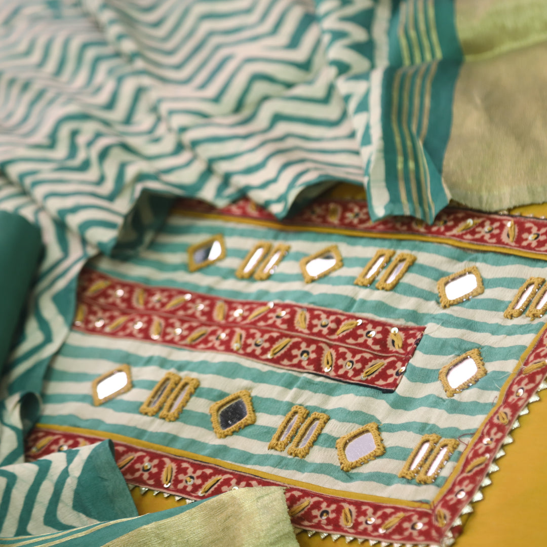 Farnaz Sunflower Yellow Mirror Work Cotton Top Suit with Gajji Silk Dupatta