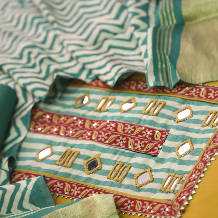 Farnaz Sunflower Yellow Mirror Work Cotton Top Suit with Gajji Silk Dupatta