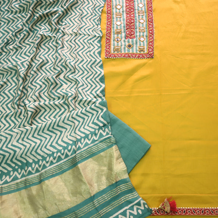 Farnaz Sunflower Yellow Mirror Work Cotton Top Suit with Gajji Silk Dupatta