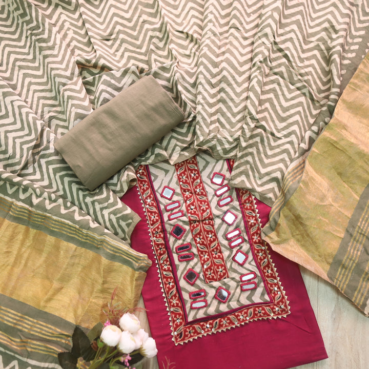 Farnaz Misty Pink Mirror Work Cotton Top Suit with Gajji Silk Dupatta