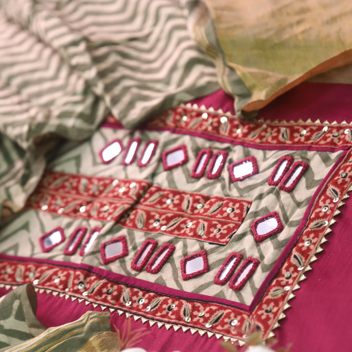 Farnaz Misty Pink Mirror Work Cotton Top Suit with Gajji Silk Dupatta