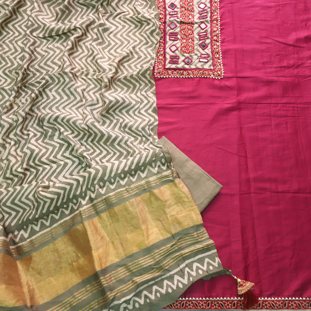 Farnaz Misty Pink Mirror Work Cotton Top Suit with Gajji Silk Dupatta