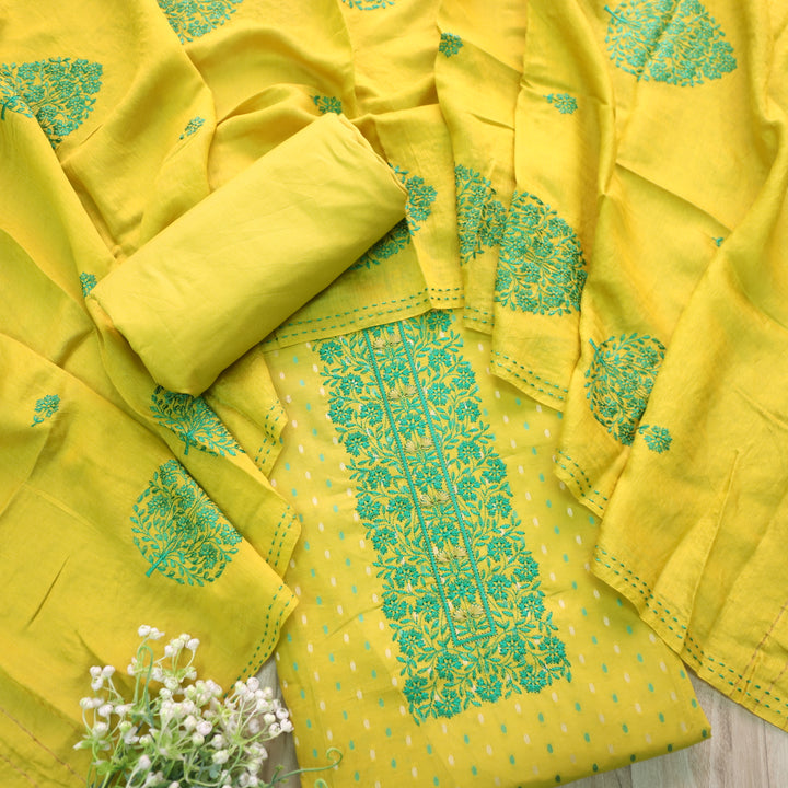 Shabaab Corn Yellow Thread Work Neck Cotton Dobby Suit Set