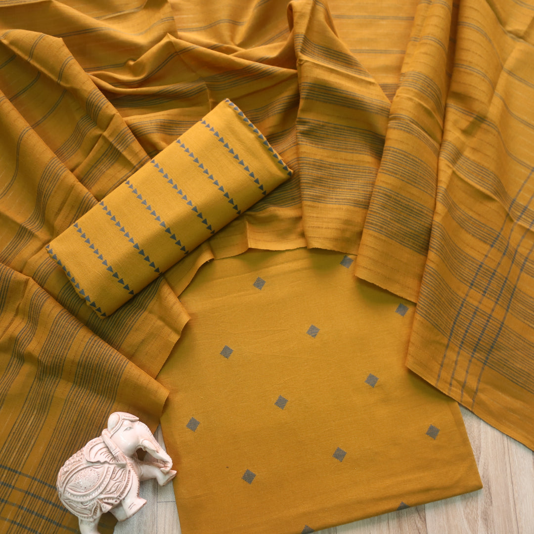 Madhubala Mustard Yellow All Over Thread Weaved Handloom Cotton Suit Set