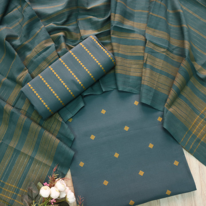 Madhubala Forest Green All Over Thread Weaved Handloom Cotton Suit Set