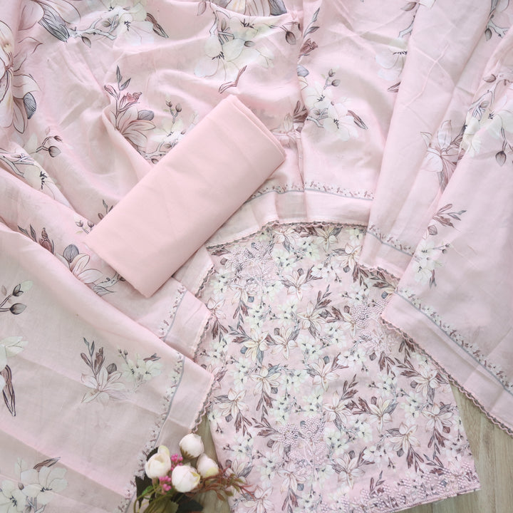 Hamsafar Baby Pink Thread Work Hem Floral Printed Cotton Suit Set