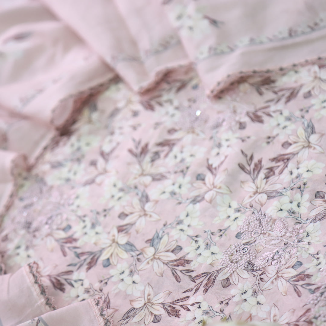 Hamsafar Baby Pink Thread Work Hem Floral Printed Cotton Suit Set