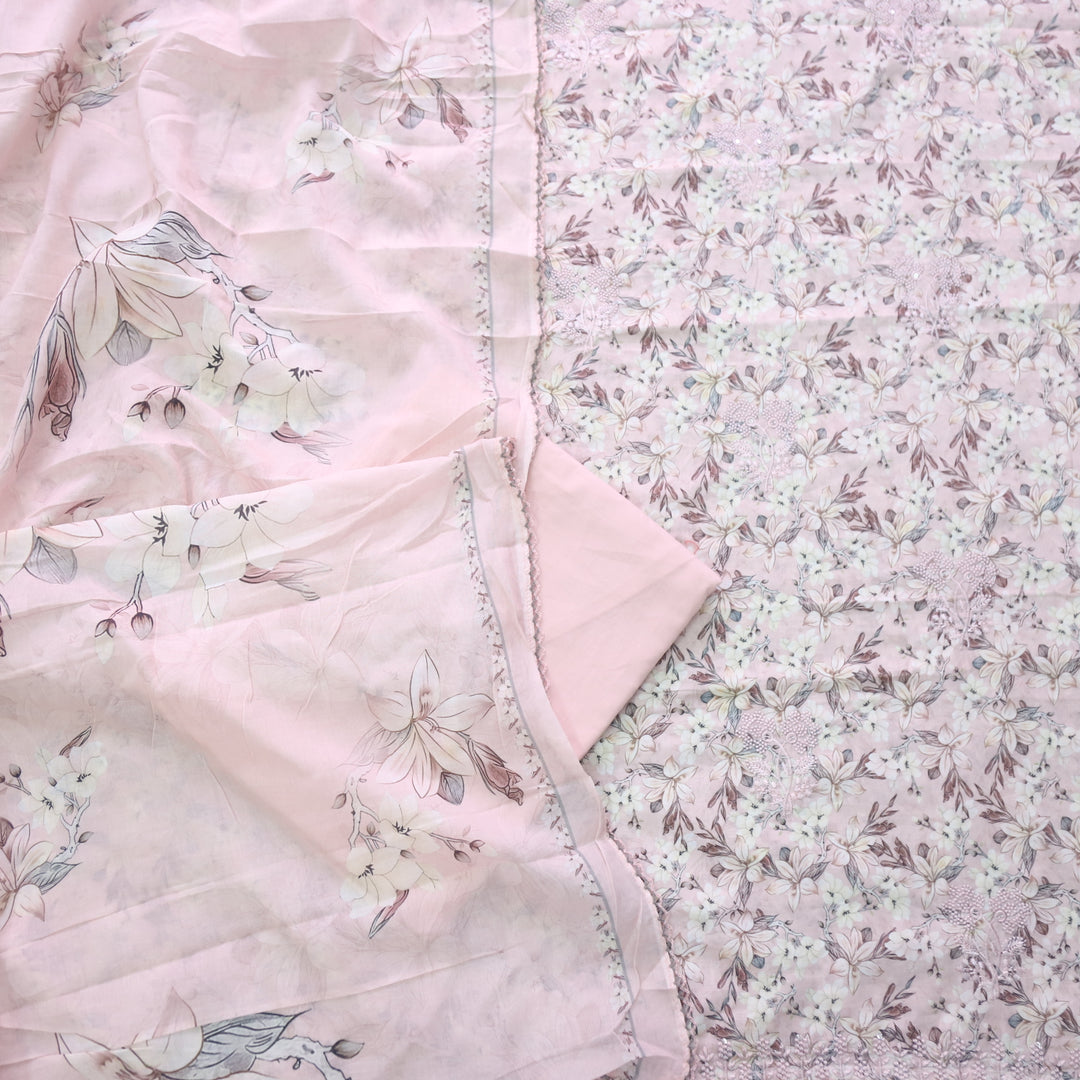 Hamsafar Baby Pink Thread Work Hem Floral Printed Cotton Suit Set