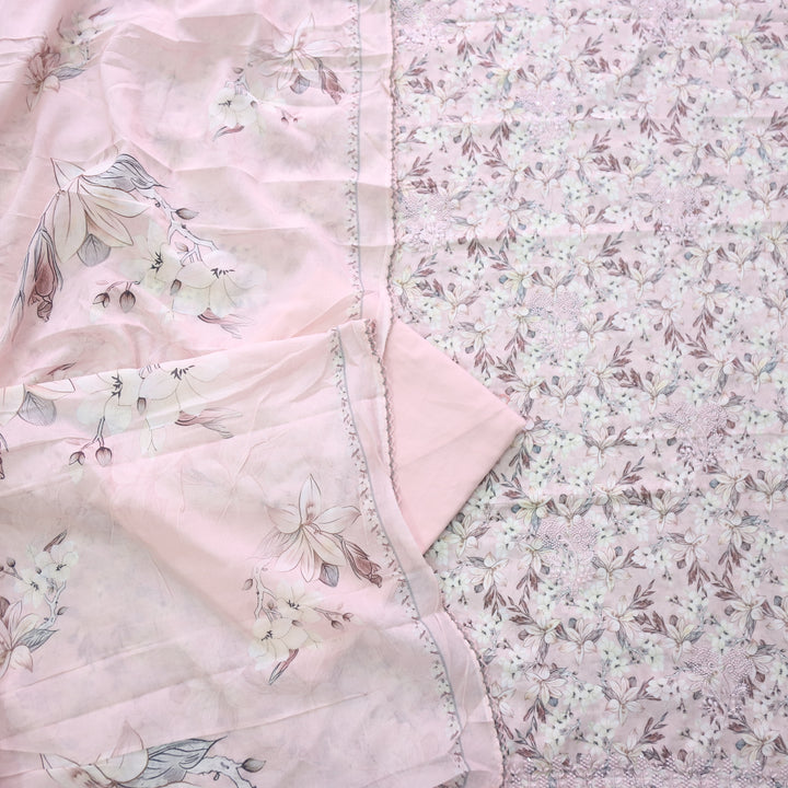 Hamsafar Baby Pink Thread Work Hem Floral Printed Cotton Suit Set