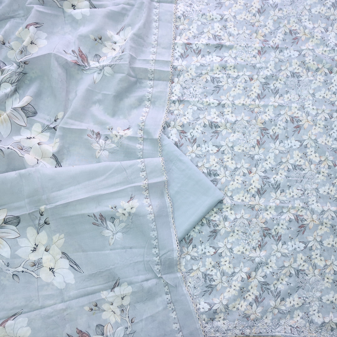 Hamsafar Soft Grey Thread Work Hem Floral Printed Cotton Suit Set