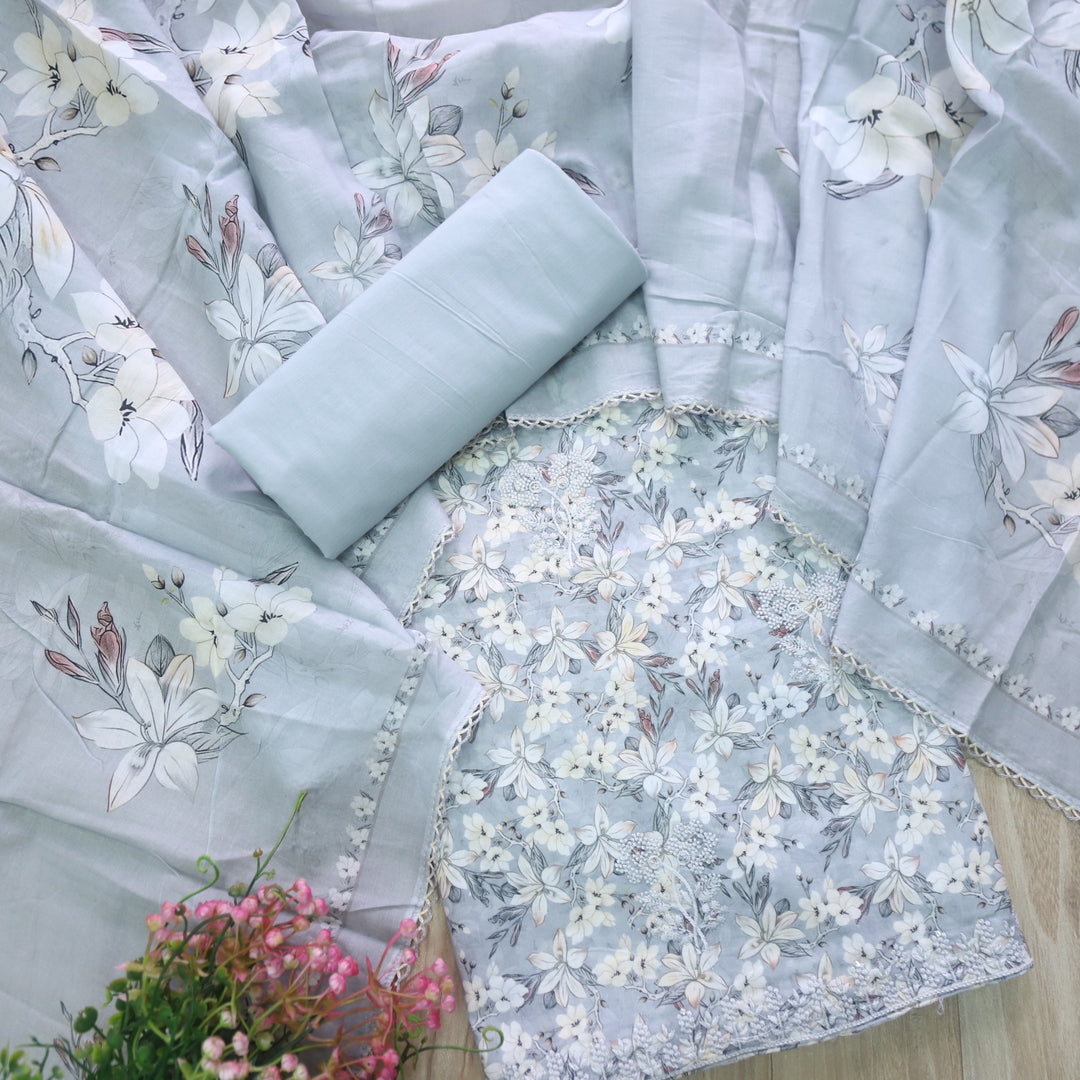 Hamsafar Soft Grey Thread Work Hem Floral Printed Cotton Suit Set