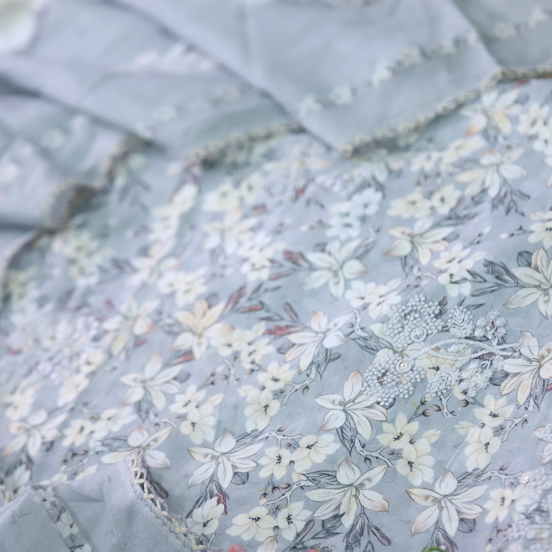 Hamsafar Soft Grey Thread Work Hem Floral Printed Cotton Suit Set