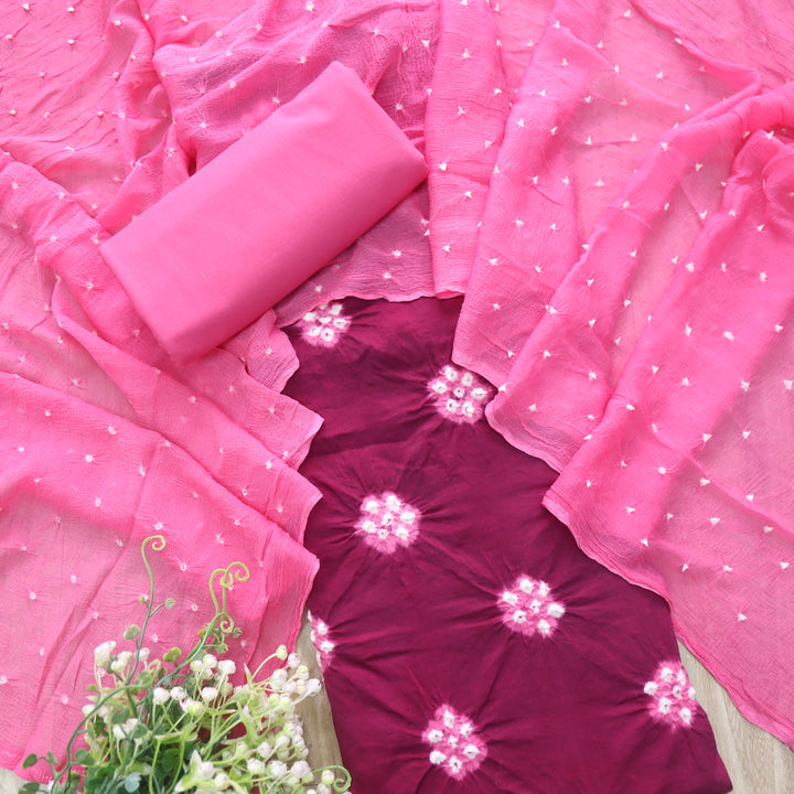 Humsafar Magenta Purple Bandhej Work Cotton Suit Set
