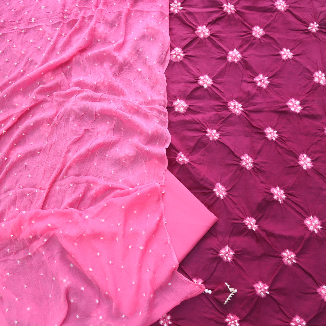 Humsafar Magenta Purple Bandhej Work Cotton Suit Set