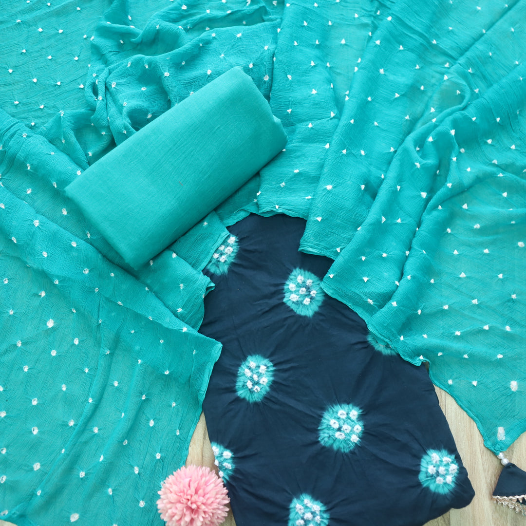Humsafar Denim Blue Bandhej Work Cotton Suit Set