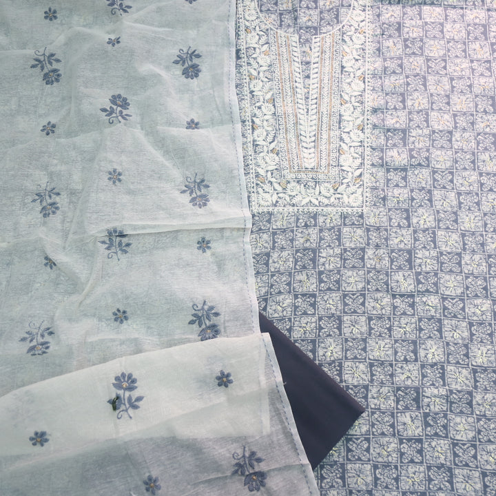 Zeenat Grey Thread Embroidered with Foil Work Printed Khadi Cotton Suit Set