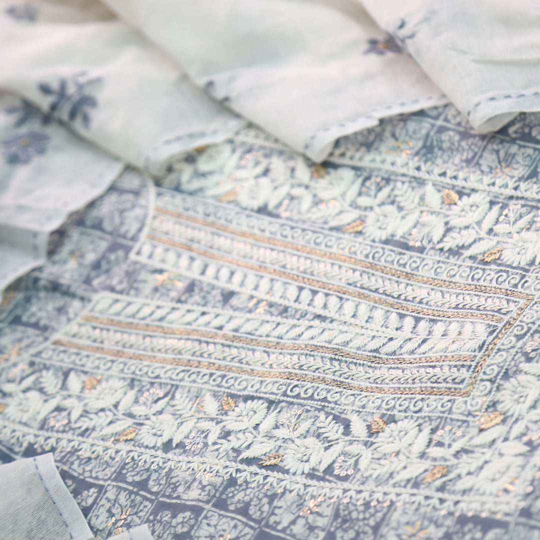 Zeenat Grey Thread Embroidered with Foil Work Printed Khadi Cotton Suit Set
