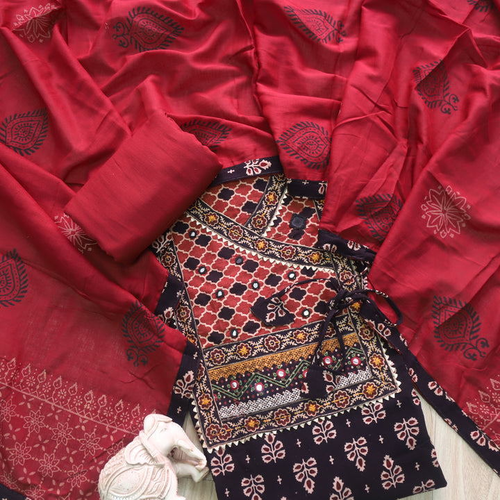 Khairiyat Ink Black Kutch Work Angrakha Style Cotton Suit Set