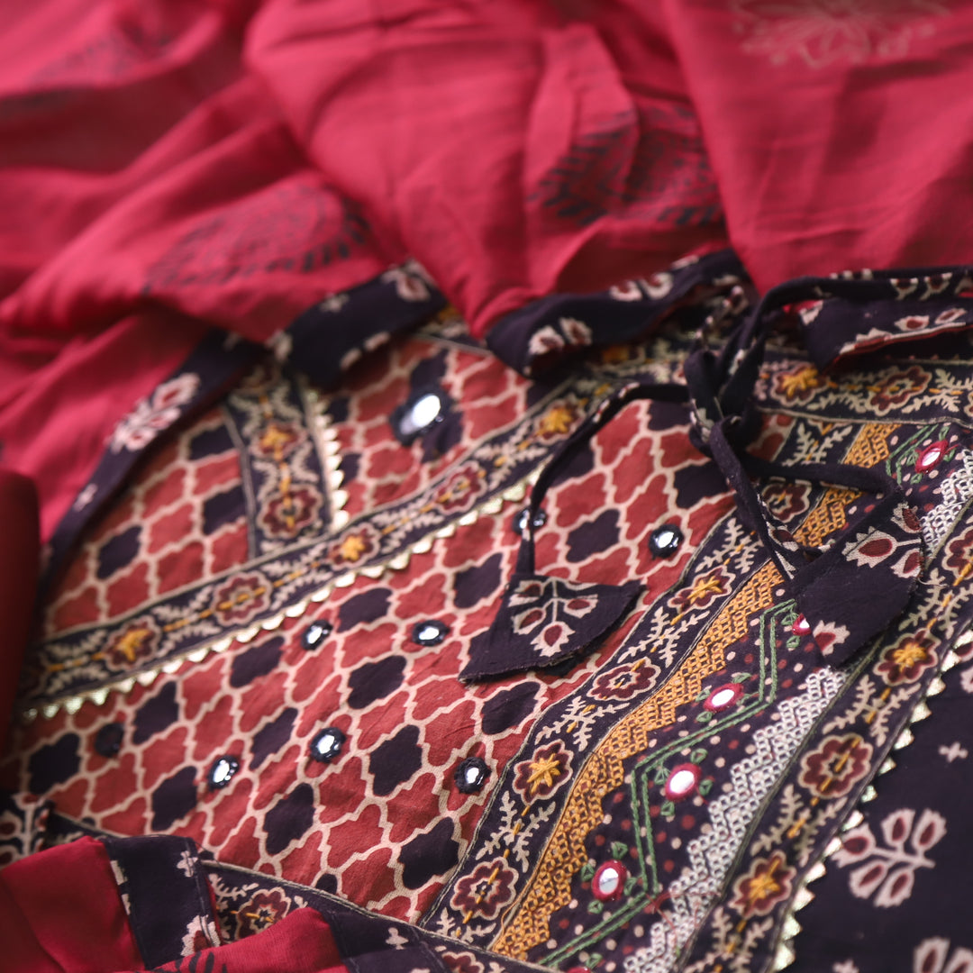 Khairiyat Ink Black Kutch Work Angrakha Style Cotton Suit Set