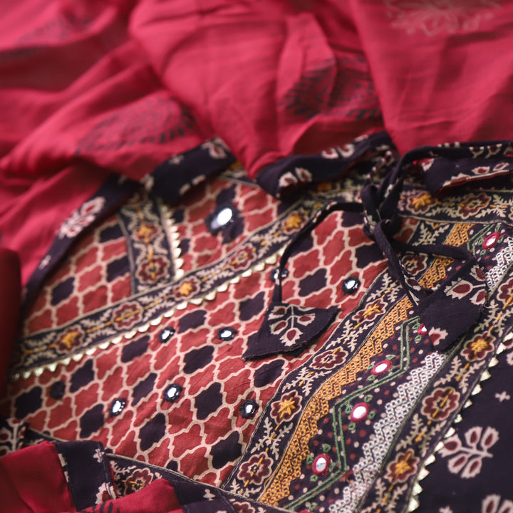 Khairiyat Ink Black Kutch Work Angrakha Style Cotton Suit Set