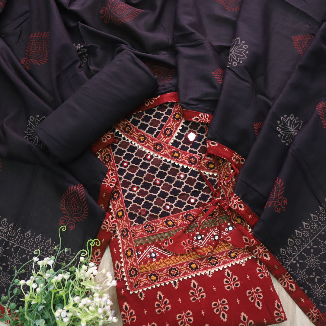 Khairiyat Brick Red Kutch Work Angrakha Style Cotton Suit Set